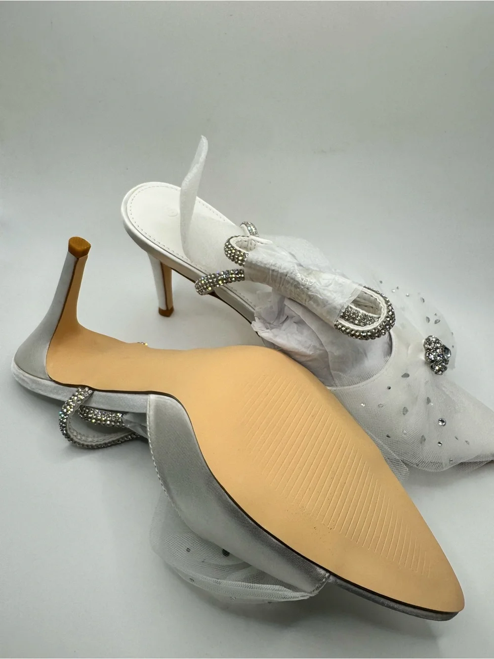 Embellished White Satin Pointed-Toe Heels with Crystal Accent